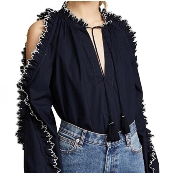 EUC ULLA JOHNSON Blue Amandine Embroidered Cold Shoulder Ruffle Blouse - Picture 1 of 10